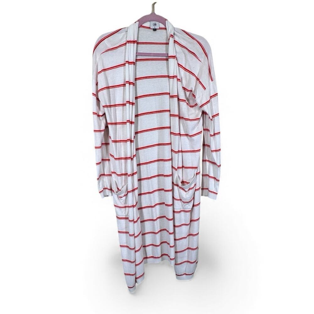 Cabi White Red Striped Longline Cardigan Sweater Womens M Duster Casual Fall